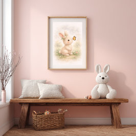 Poster Coelho Fofo Com Borboleta Sala Infantil Neutra