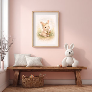 Poster Coelho Fofo Com Cesto de Flores Sala de Crianças N