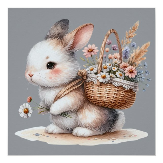 Pôster Coelho Fofo com Flores Arte em Aquarela (Frente)