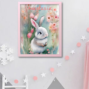 Poster Coelho Fofo de Páscoa Aquarela Pastel Flores da Pr