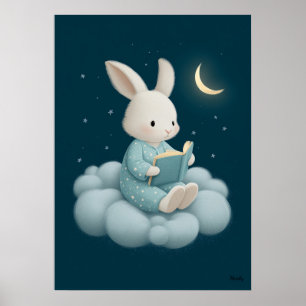 Poster Coelho Fofo Lendo no Berço de Berçário na Nuvem