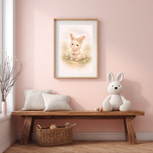 Poster Coelho Fofo Segurando uma Flor Sala de Crianças Ne