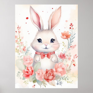 Poster Coelho Pastel com rosas e laço vermelho