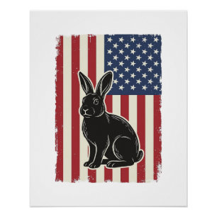 Pôster Coelho Patriótico Bandeira Americana Gravura Vinta
