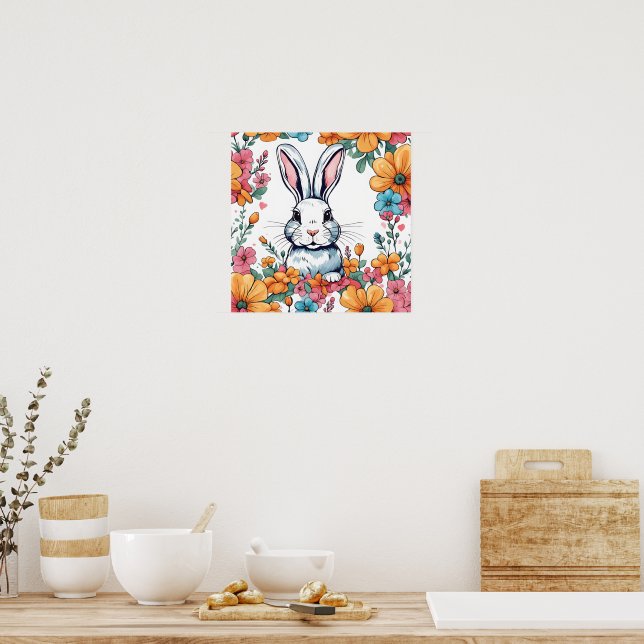 Poster Coelho rodeado de flores (Cozinha)