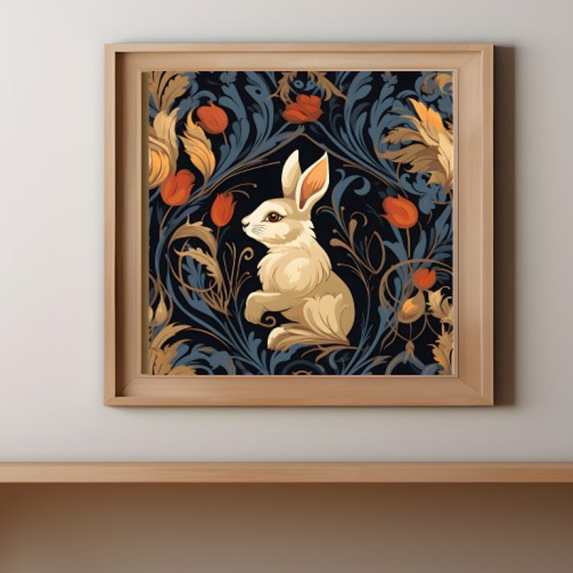 Poster Coelho Vitoriano Vintage (A print of a vintage Victorian rabbit is in a frame on a wall.)