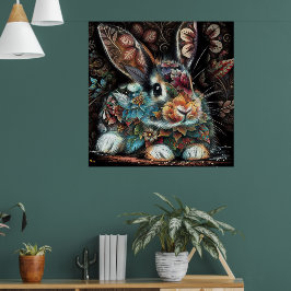 Poster Coelho Whimsso Rabbit Floral Abstrato Teal Preto