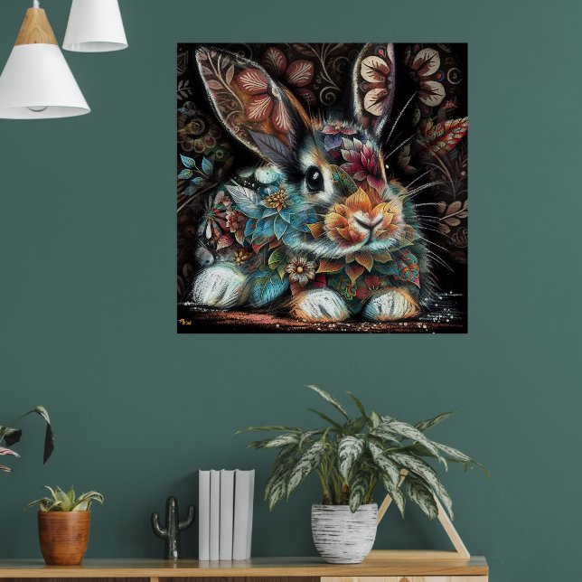Poster Coelho Whimsso Rabbit Floral Abstrato Teal Preto (Sala de Estar 1)