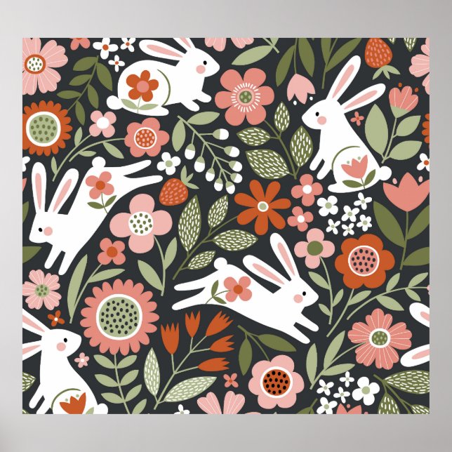 Poster Coelhos brancos bonitos, padrão de colheita floral (Frente)
