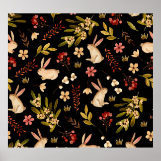 Poster Coelhos Cutos: Padrão Desenhado À Mão Da Aquarela