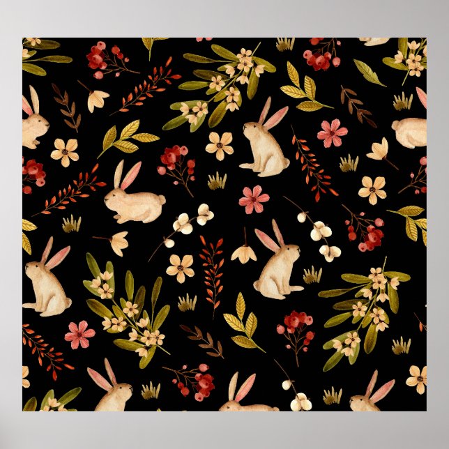 Poster Coelhos Cutos: Padrão Desenhado À Mão Da Aquarela (Frente)