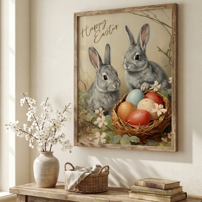 Poster Coelhos felizes da Páscoa com ovos da Páscoa na ce (Criador carregado)