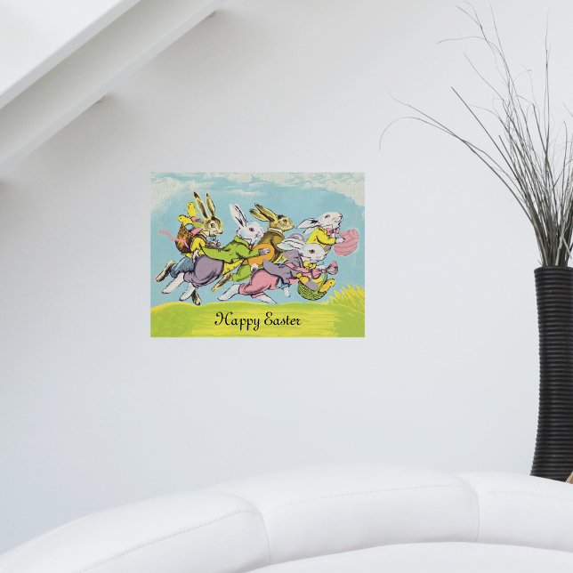 Pôster Coelhos Felizes de Páscoa Correndo com Pastéis (Bunch of Easter rabbits pastel coloured clothing eggs baskets running in grass blue sky on poster.)