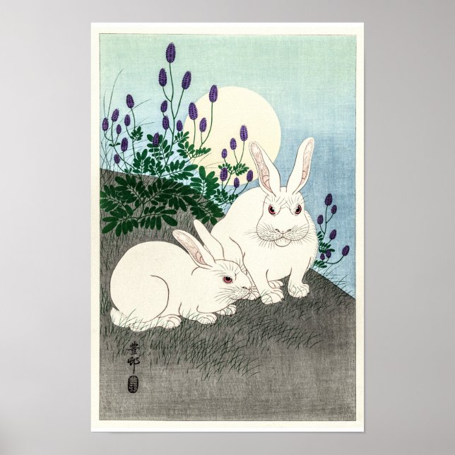 Poster Coelhos na lua de cheio - Ohara Koson (Frente)