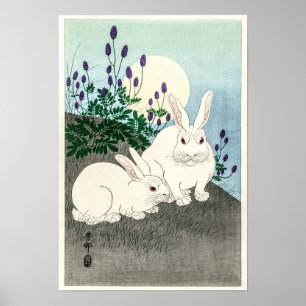 Poster Coelhos na lua de cheio - Ohara Koson