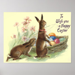 Poster Coelhos Páscoais Marrons Antigos Ovos na Cesta, ZS