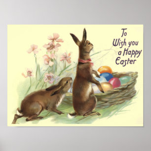 Poster Coelhos Páscoais Marrons Antigos Ovos na Cesta, ZS