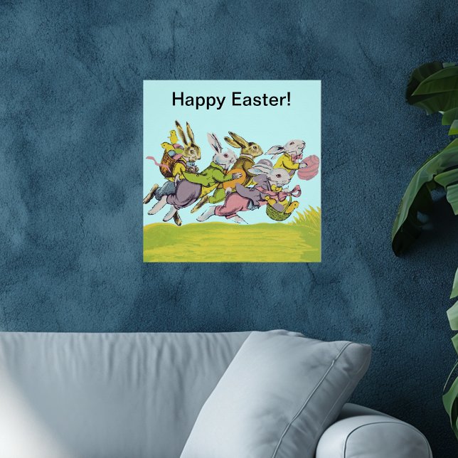 Pôster Coelhos Pastel Felizes de Páscoa Correndo (Group Easter Bunnies running in grass with colourful clothing, eggs, baskets blue sky on Wall poster)