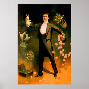 Poster Coelhos Rosas Pombas Truques de Mágica Mágico Vint
