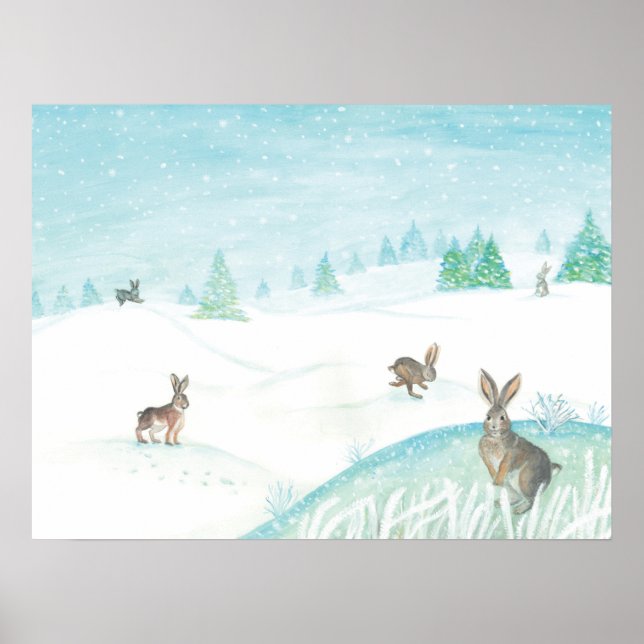 Poster Coelhos Sentados E Pulando Na Neve (Frente)