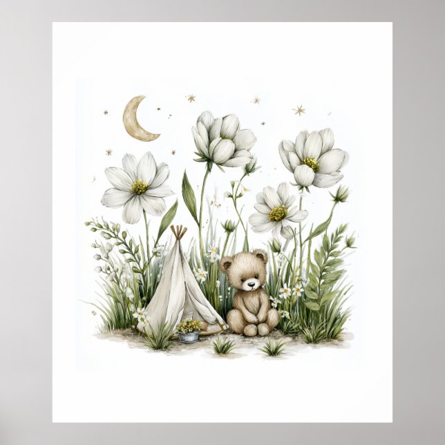 Poster Coelhozinho Fofo de Aquarela com Lua e Estrelas (Frente)