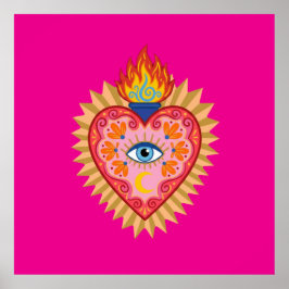 Poster Cœur Sacré Mexicain avec Œil Protecteur et Flamme 