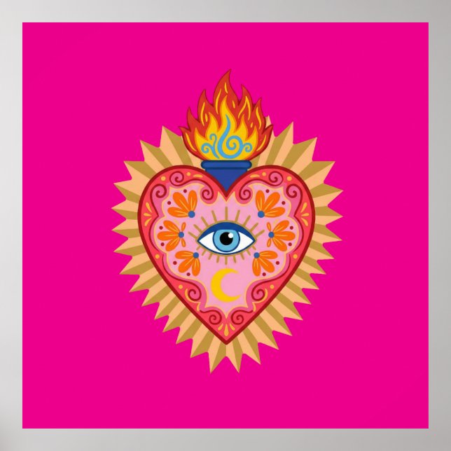 Poster Cœur Sacré Mexicain avec Œil Protecteur et Flamme  (Frente)