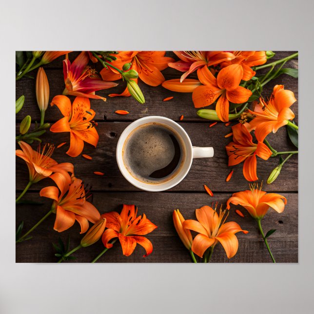 Poster Coffee cup surrounded by vibrant orange flowers (Frente)