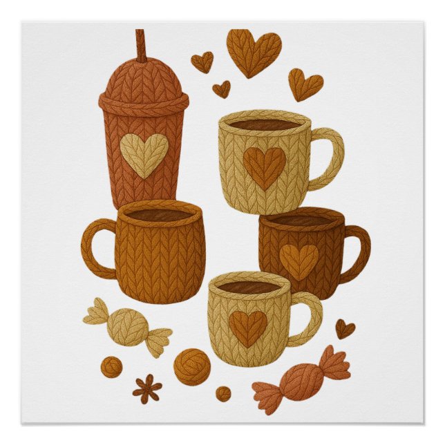 Pôster Coffee Valentine Day Love Knitted Hearts Hugs (Frente)