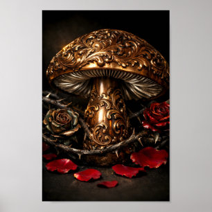 Poster Cogumelo de Bronze Ornamentado Rosa Vermelha Gótic