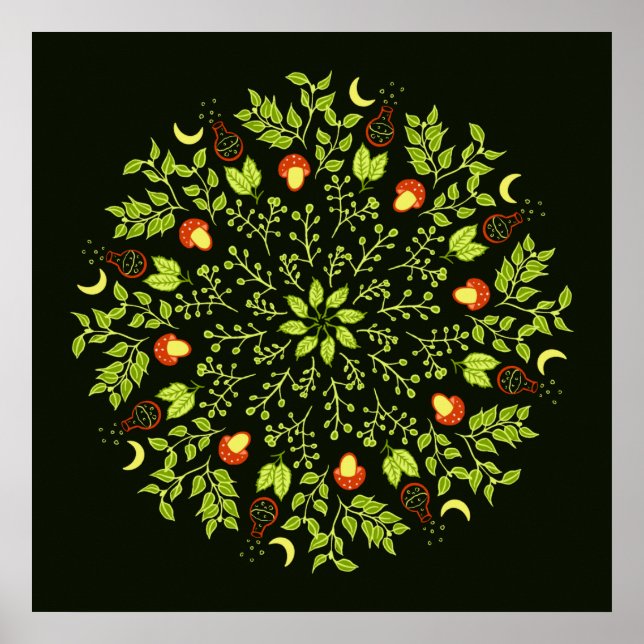 Poster Cogumelo-de-bruxa-verde deixa plantas mandala (Frente)
