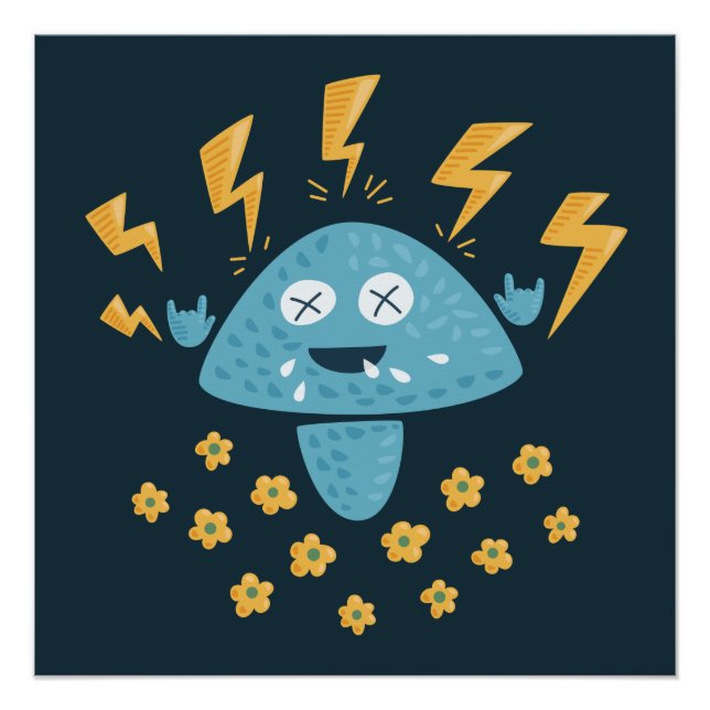 Pôster Cogumelo de Cartoon Engraçado de Música Metal Pesa (Frente)