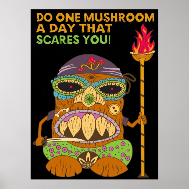 Poster Cogumelo Tiki Chef com Citação Engraçada, Preto (Frente)