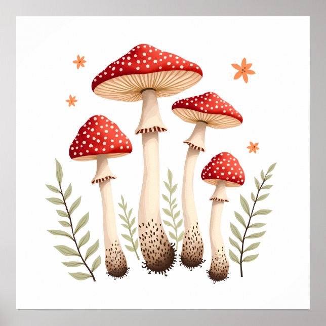 Poster Cogumelos Agáricos Vibrantes e Elementos Botânicos (Frente)