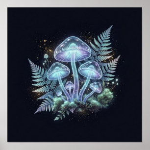 Poster Cogumelos Bioluminescentes Samambaias Arte Fantasi