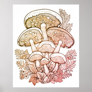 Poster Cogumelos Bown Leves em Fundo Preto em uma Parede
