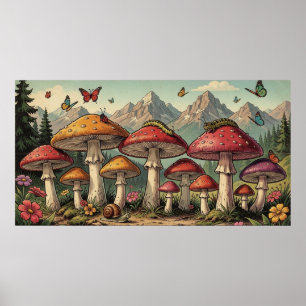 Poster Cogumelos Caprichosos e Topos de Montanhas