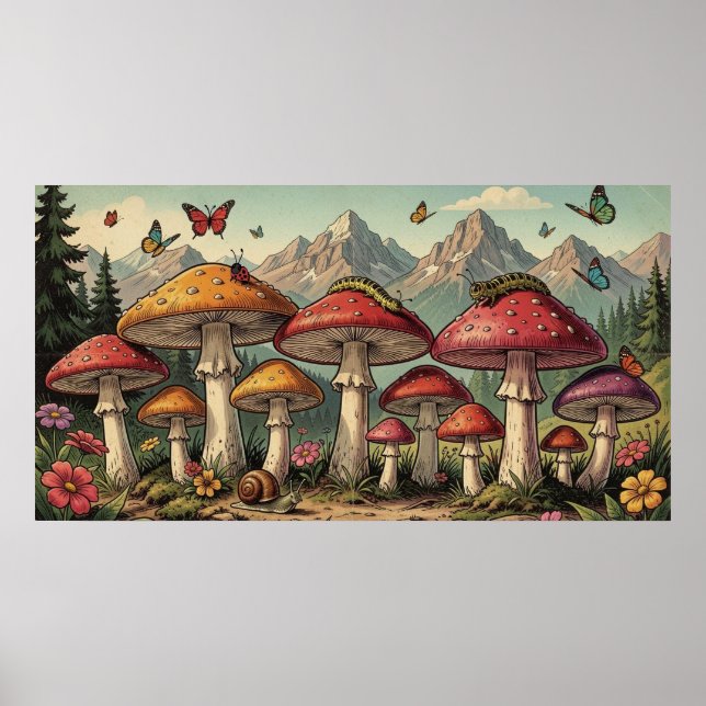 Poster Cogumelos Caprichosos e Topos de Montanhas (Frente)