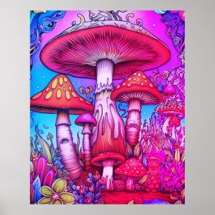 Poster Cogumelos Caprichosos Vermelhos + Azuis + Rosas nu