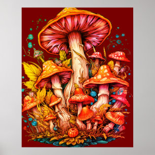 Poster Cogumelos com Vibe dos Anos 70 em Fundo Marrom na