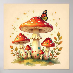 Poster Cogumelos e Borboleta Retro   Cores Vintage