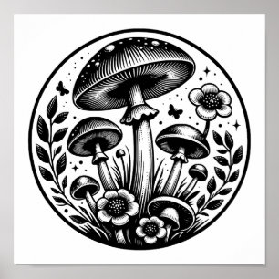 Poster Cogumelos e Flores Vintage