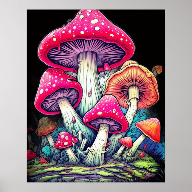 Poster Cogumelos Felizes em um Fundo Preto na Parede (Frente)