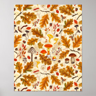 Poster Cogumelos florestais e flora outonal em creme