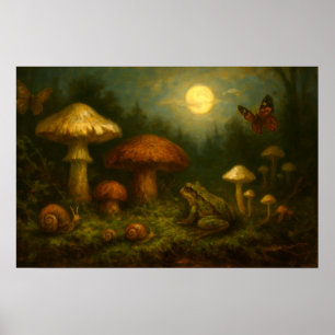 Poster Cogumelos Goblincore, Caracóis & Rã ao Luar