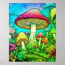 Poster Cogumelos Grandes e Pequenos Fundo Preto na Parede