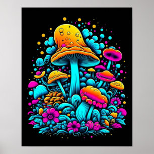 Poster Cogumelos Neon e Flores