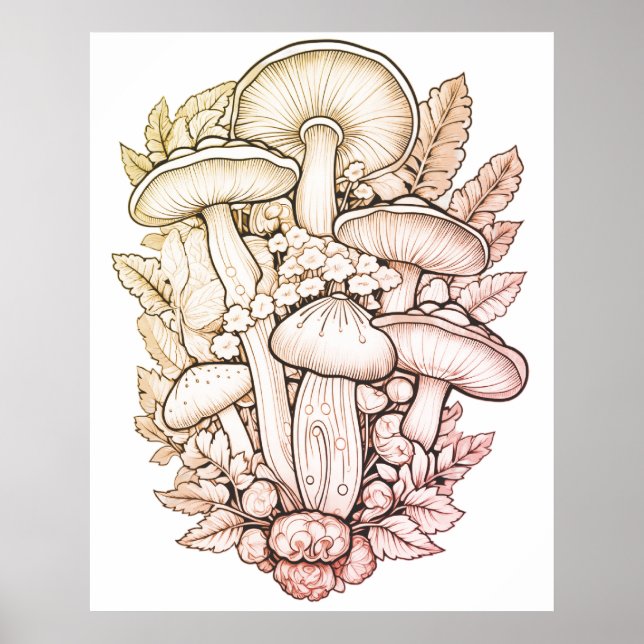 Poster Cogumelos Psicodélicos Fundo Preto na Parede (Frente)
