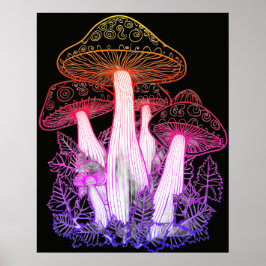 Poster Cogumelos Psikedélicos Fundo Preto na Parede