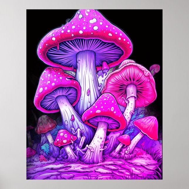 Poster Cogumelos Rosa em um Fundo Preto na Parede (Frente)
